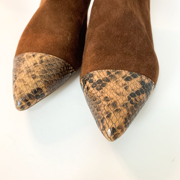 Anthropologie brown cognac pointy toe kitten heel snakeprint suede bootie 9.5 - Picture 6 of 8